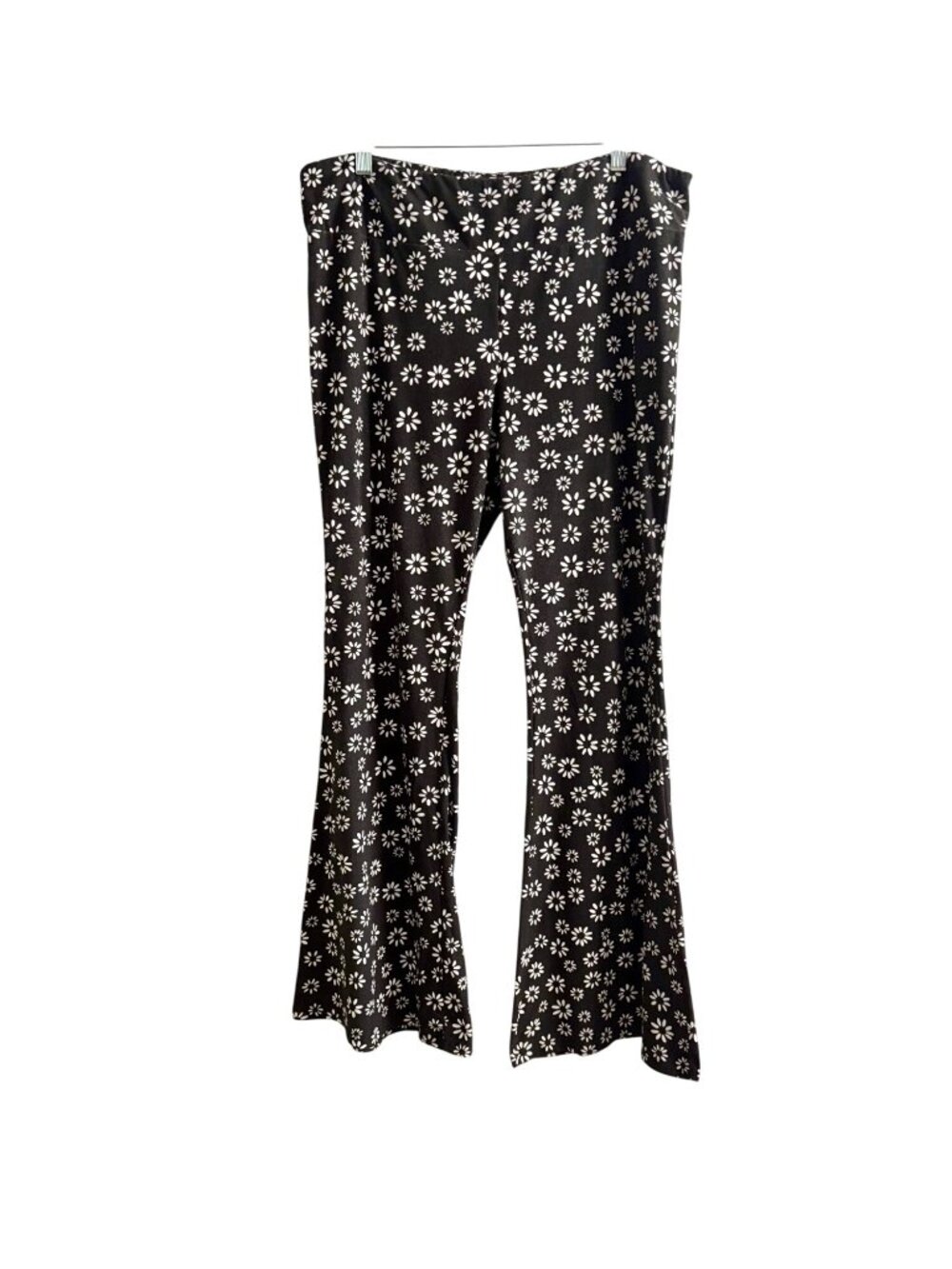 Black White Floral Print Flared Pants Boho Wide Leg Stretchy Retro Trousers XXXL